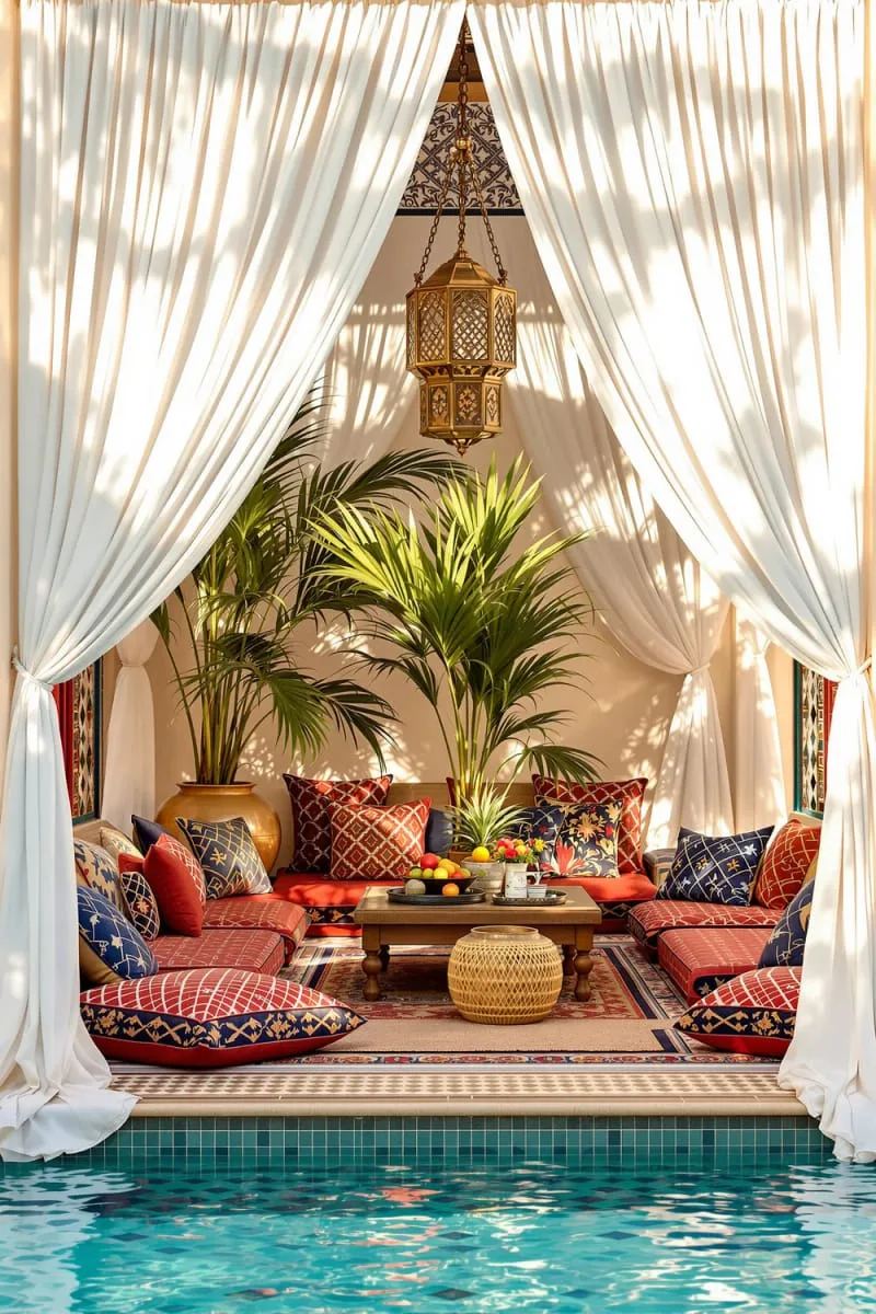 moroccan-style cabana with patterned floor cushions and lanterns 1
