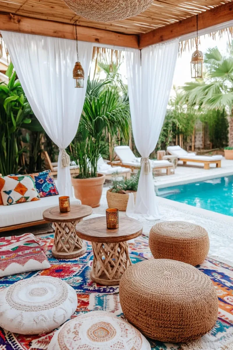 moroccan-style cabana with patterned floor cushions and lanterns 1