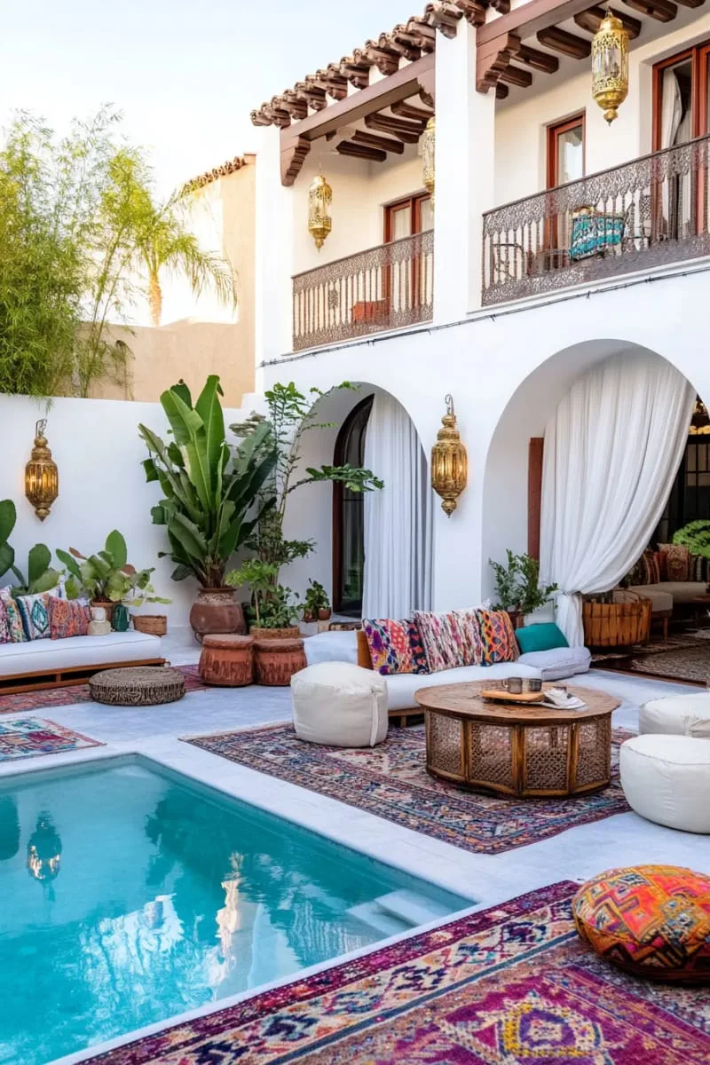 moroccan-style cabana with patterned floor cushions and lanterns 1