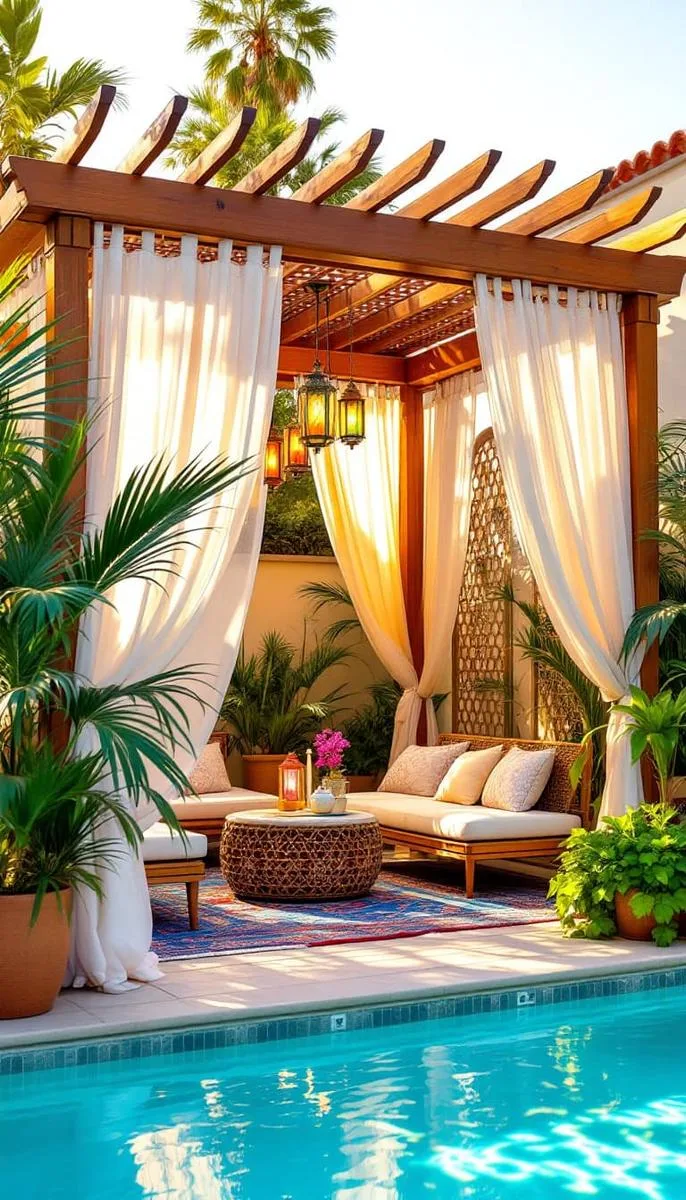 moroccan-style pergola with lanterns, patterned rugs, and lush potted plants 1 moroccan-style pergola with lanterns, patterned rugs, and lush potted plants 1