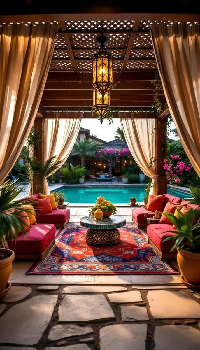 moroccan-style pergola with lanterns, patterned rugs, and lush potted plants 1 moroccan-style pergola with lanterns, patterned rugs, and lush potted plants 1
