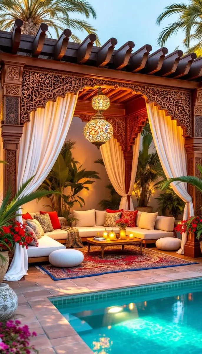 moroccan-style pergola with lanterns, patterned rugs, and lush potted plants 1 moroccan-style pergola with lanterns, patterned rugs, and lush potted plants 1