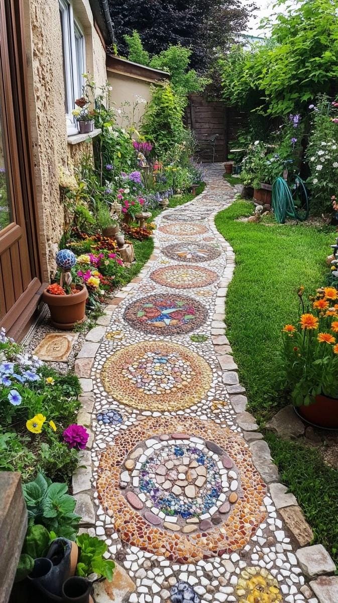 mosaic pebble pathway winding through miniature flower beds 1