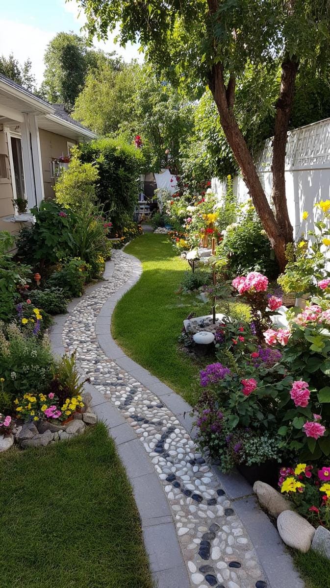 mosaic pebble pathway winding through miniature flower beds 1