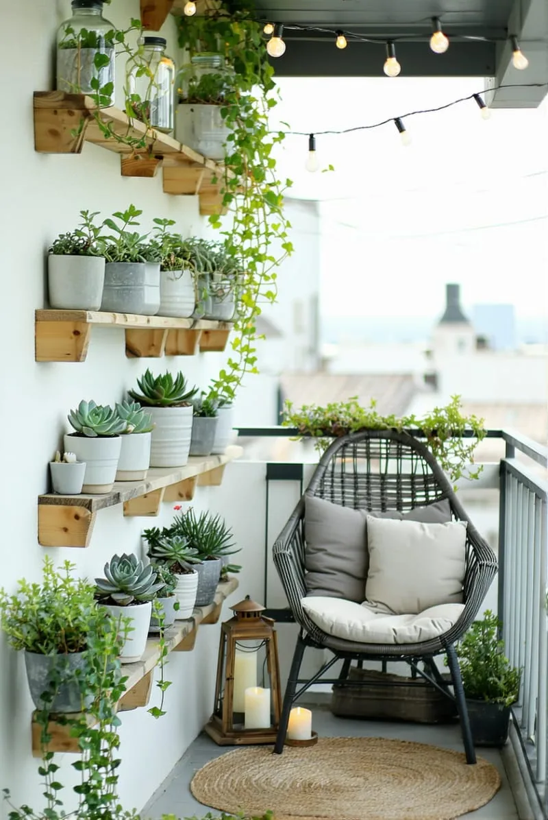 narrow wall-mounted shelves displaying potted plants and candles 1