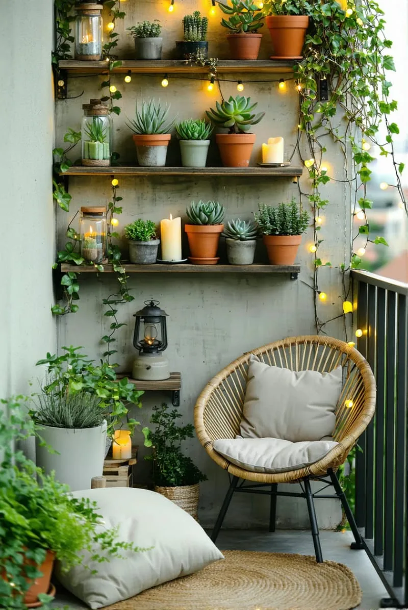 narrow wall-mounted shelves displaying potted plants and candles 1