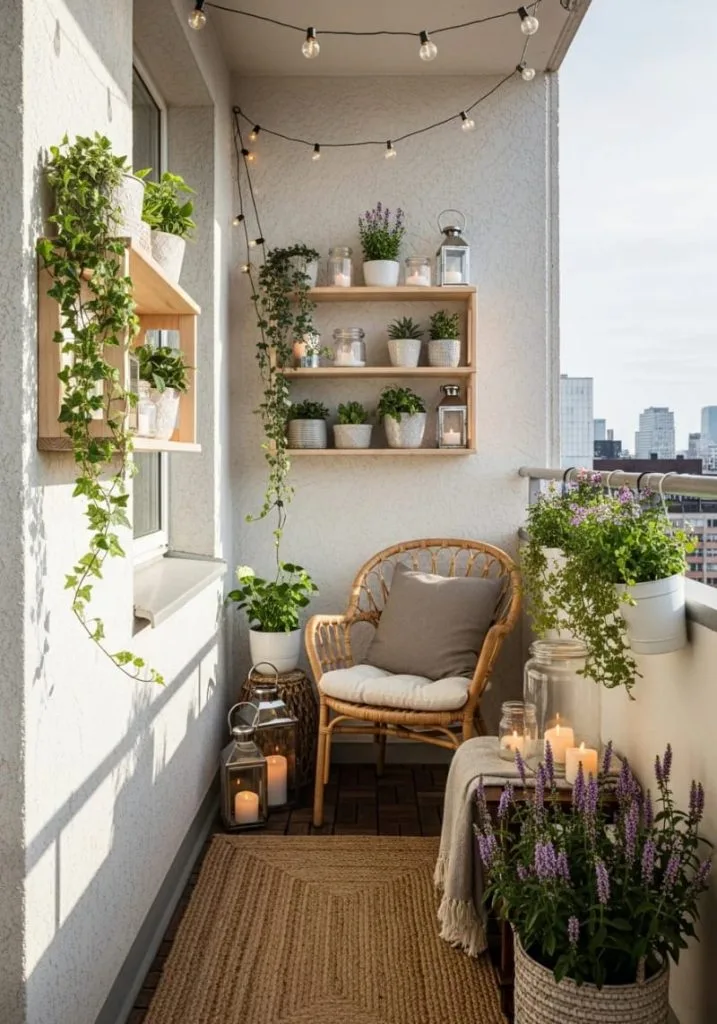 narrow wall-mounted shelves displaying potted plants and candles 33