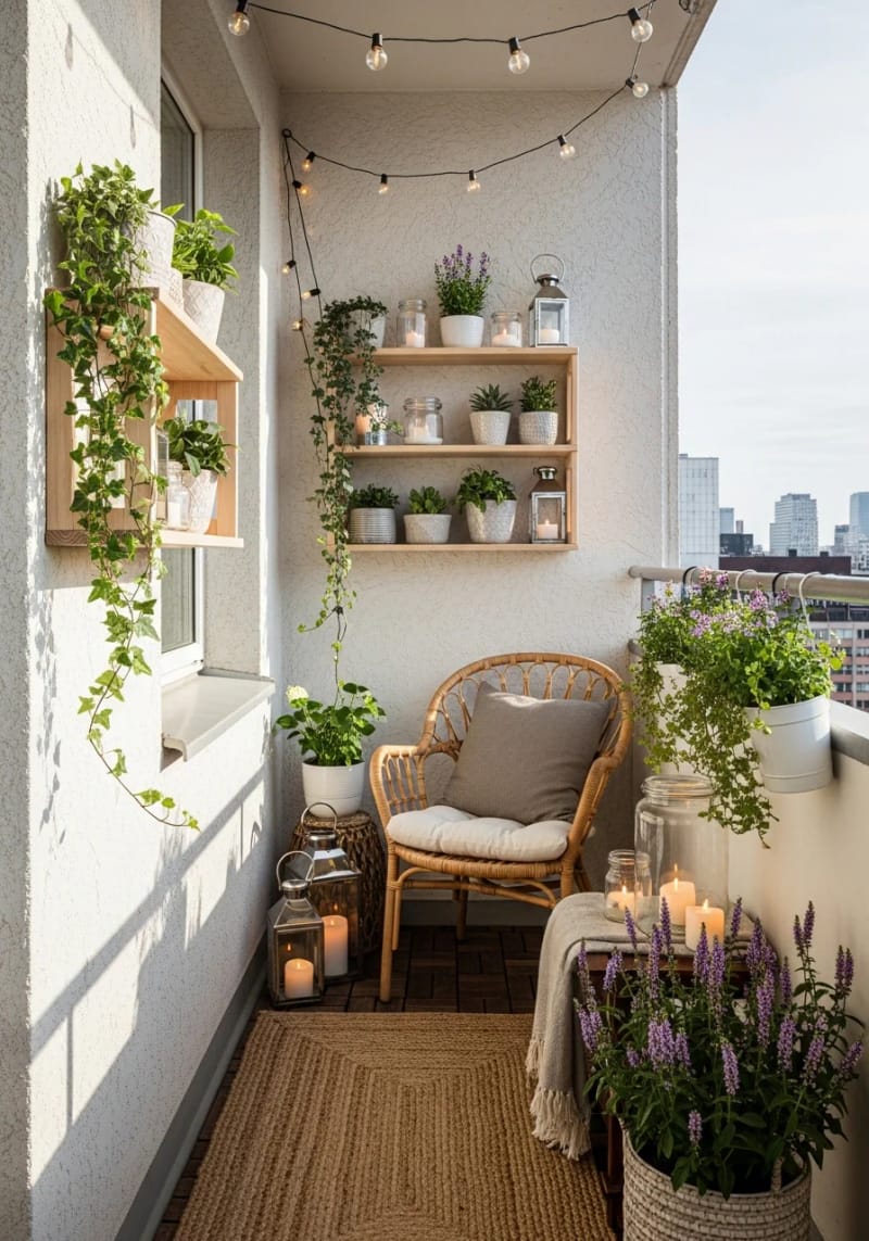 narrow wall-mounted shelves displaying potted plants and candles 33