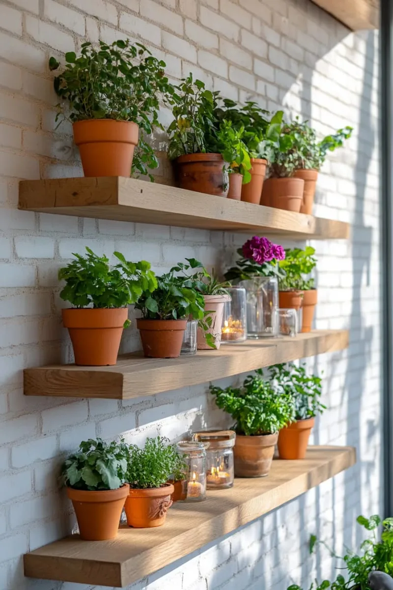 narrow wall-mounted shelves displaying potted plants and candles 1