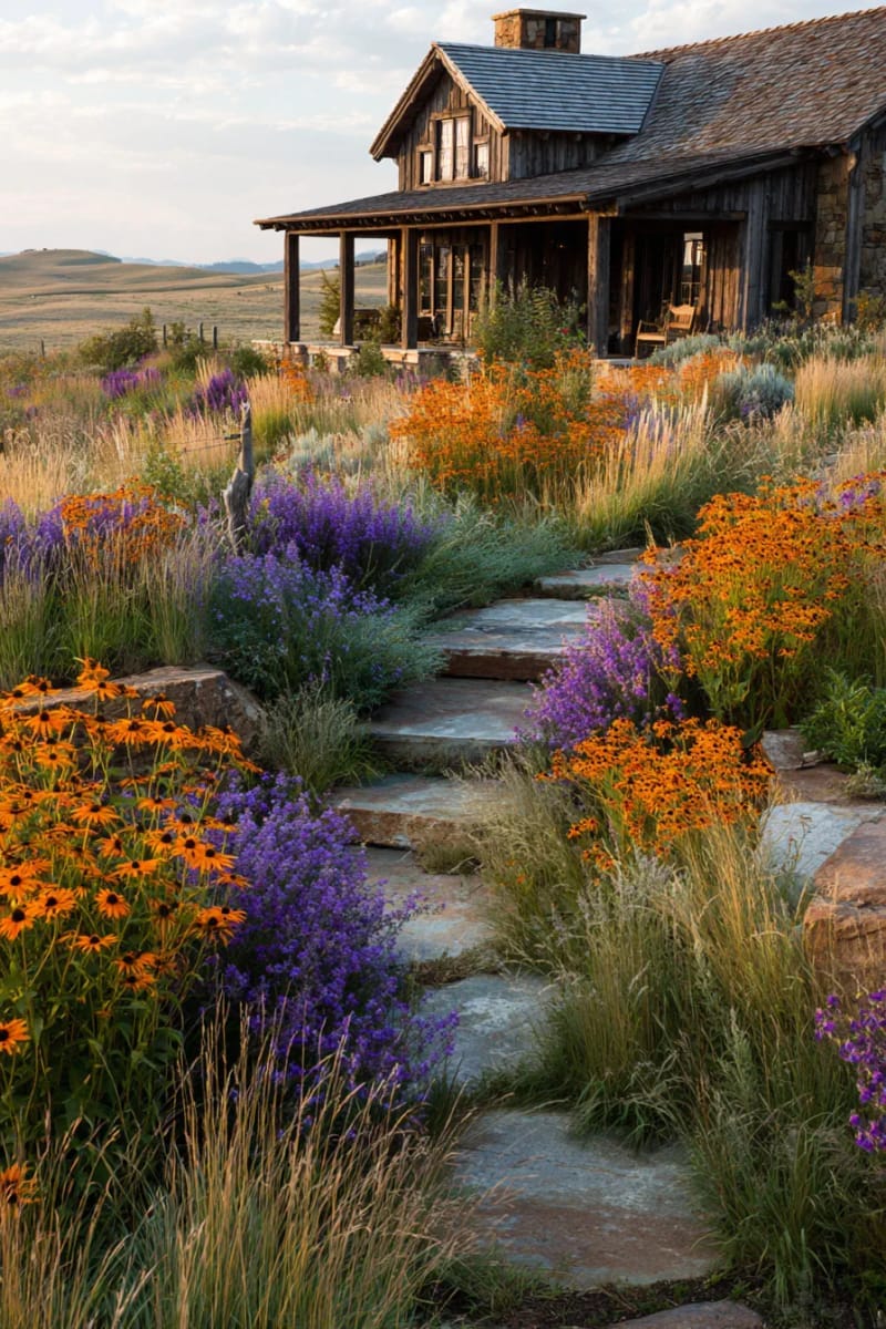 native wildflower landscaping blending seamlessly with stone ranch pathways 1
