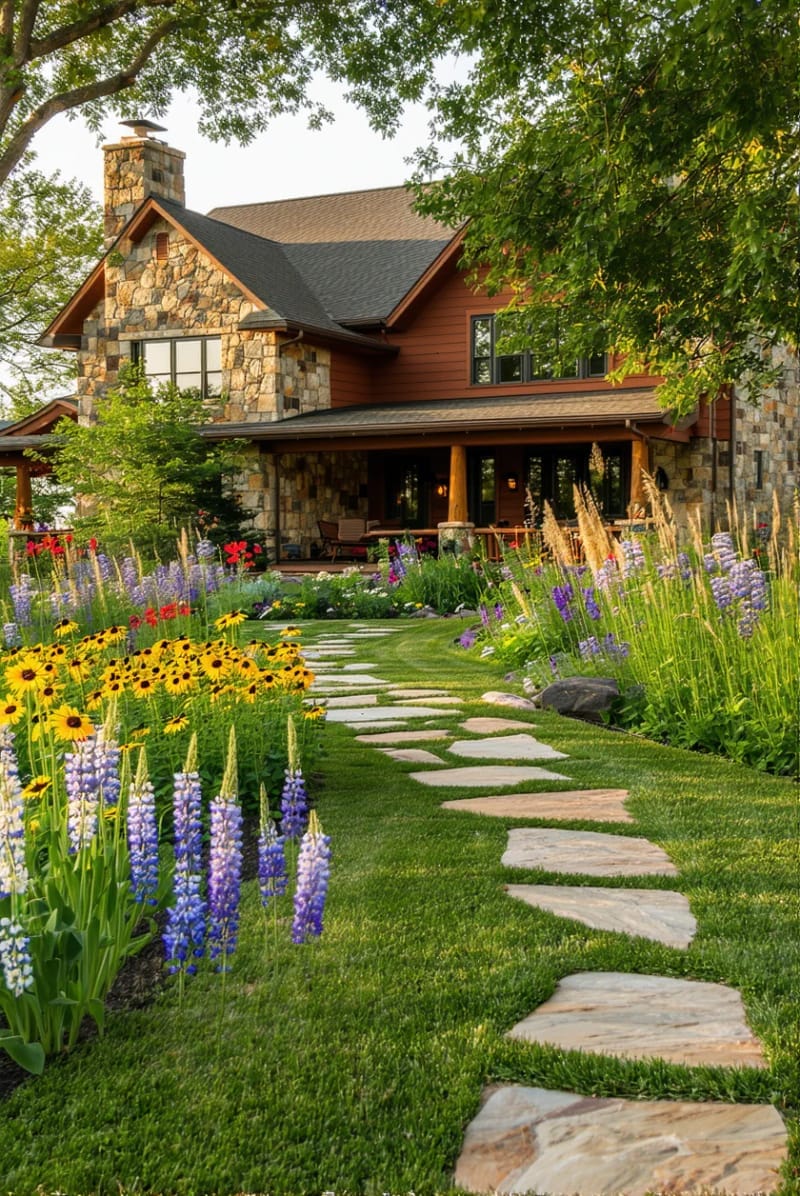 native wildflower landscaping blending seamlessly with stone ranch pathways 1