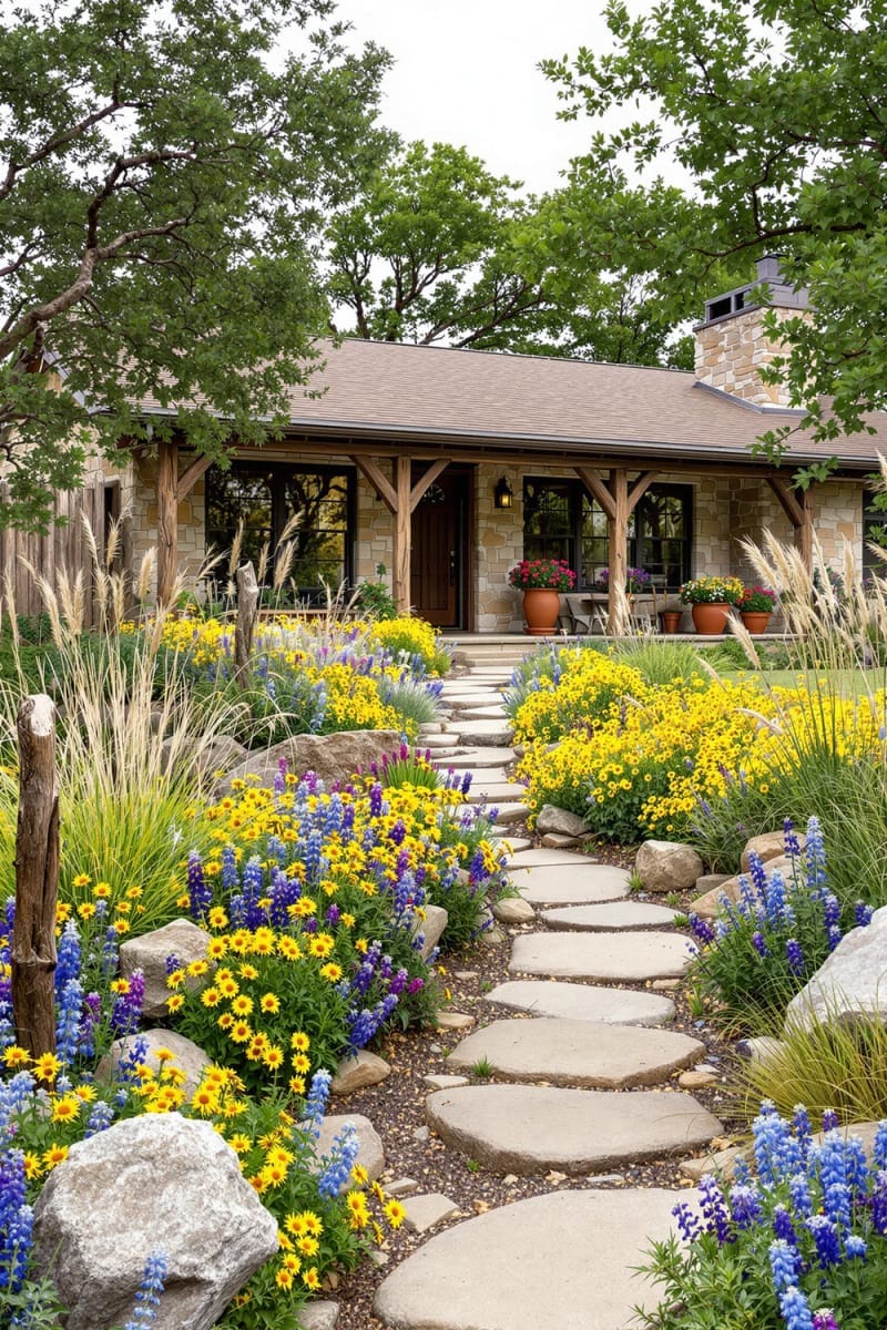 native wildflower landscaping blending seamlessly with stone ranch pathways 1