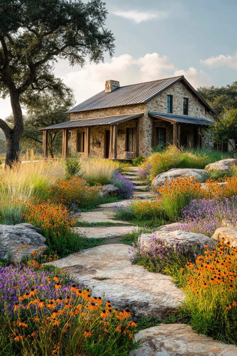 native wildflower landscaping blending seamlessly with stone ranch pathways 1