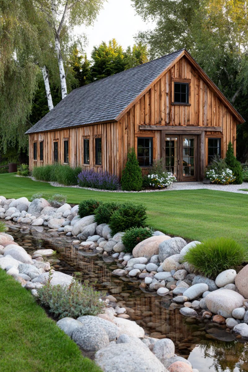 21 Small Barn House Designs with Modern Rustic Charm 66 natural wood barn house with stone landscaping border 1