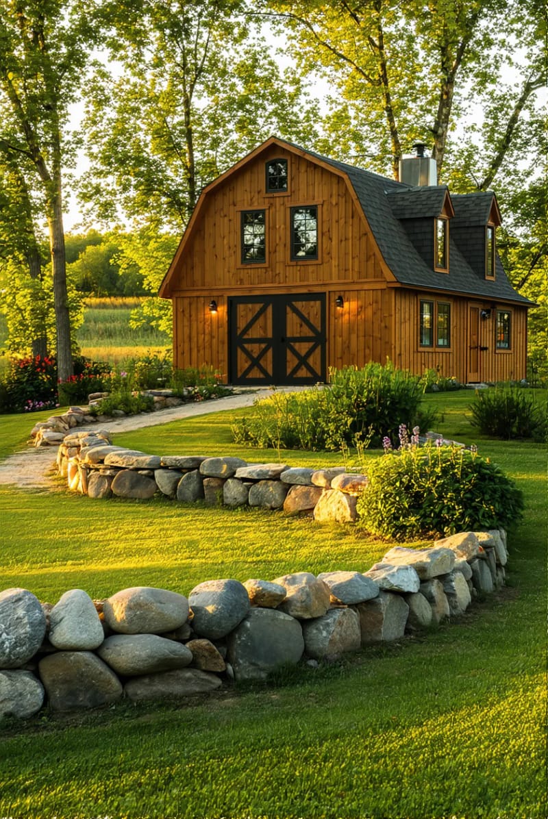 21 Small Barn House Designs with Modern Rustic Charm 67 natural wood barn house with stone landscaping border 1