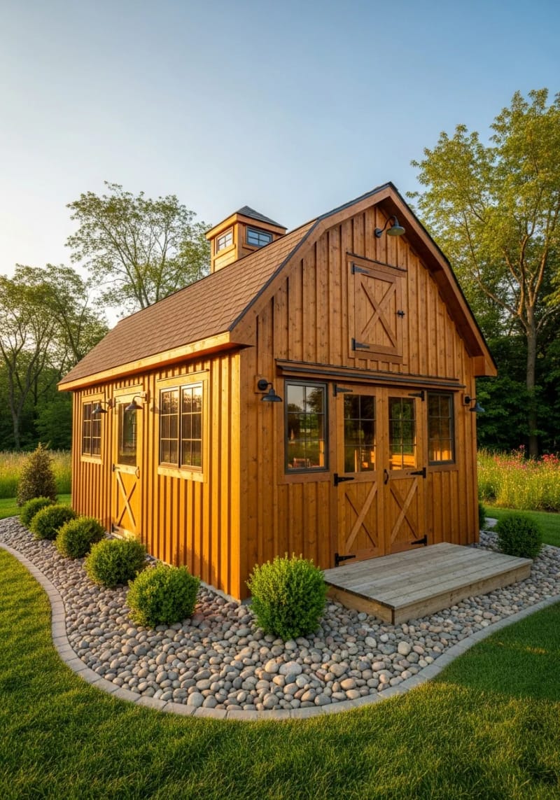 21 Small Barn House Designs with Modern Rustic Charm 68 natural wood barn house with stone landscaping border 1