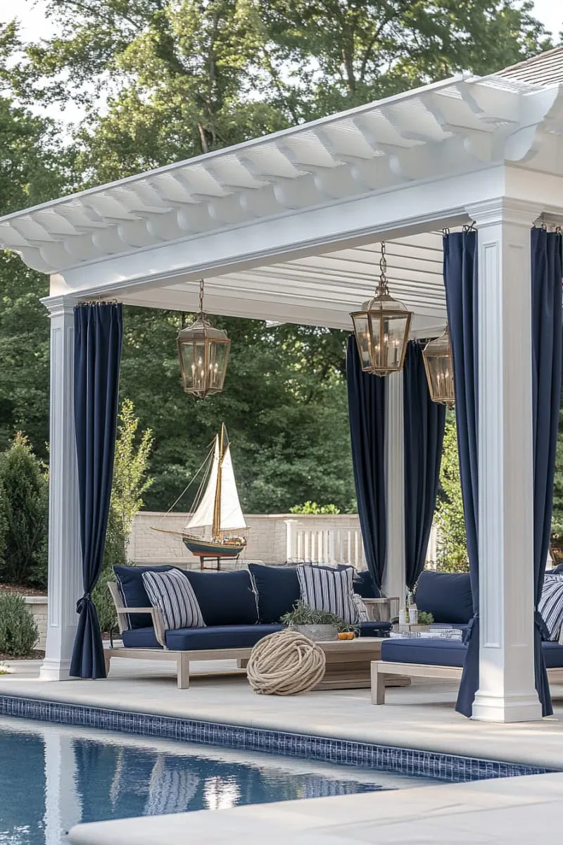 nautical-inspired cabana with navy stripes and vintage lantern lighting 1