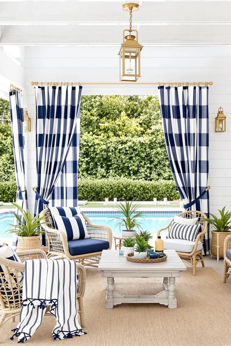 nautical-inspired cabana with navy stripes and vintage lantern lighting 1