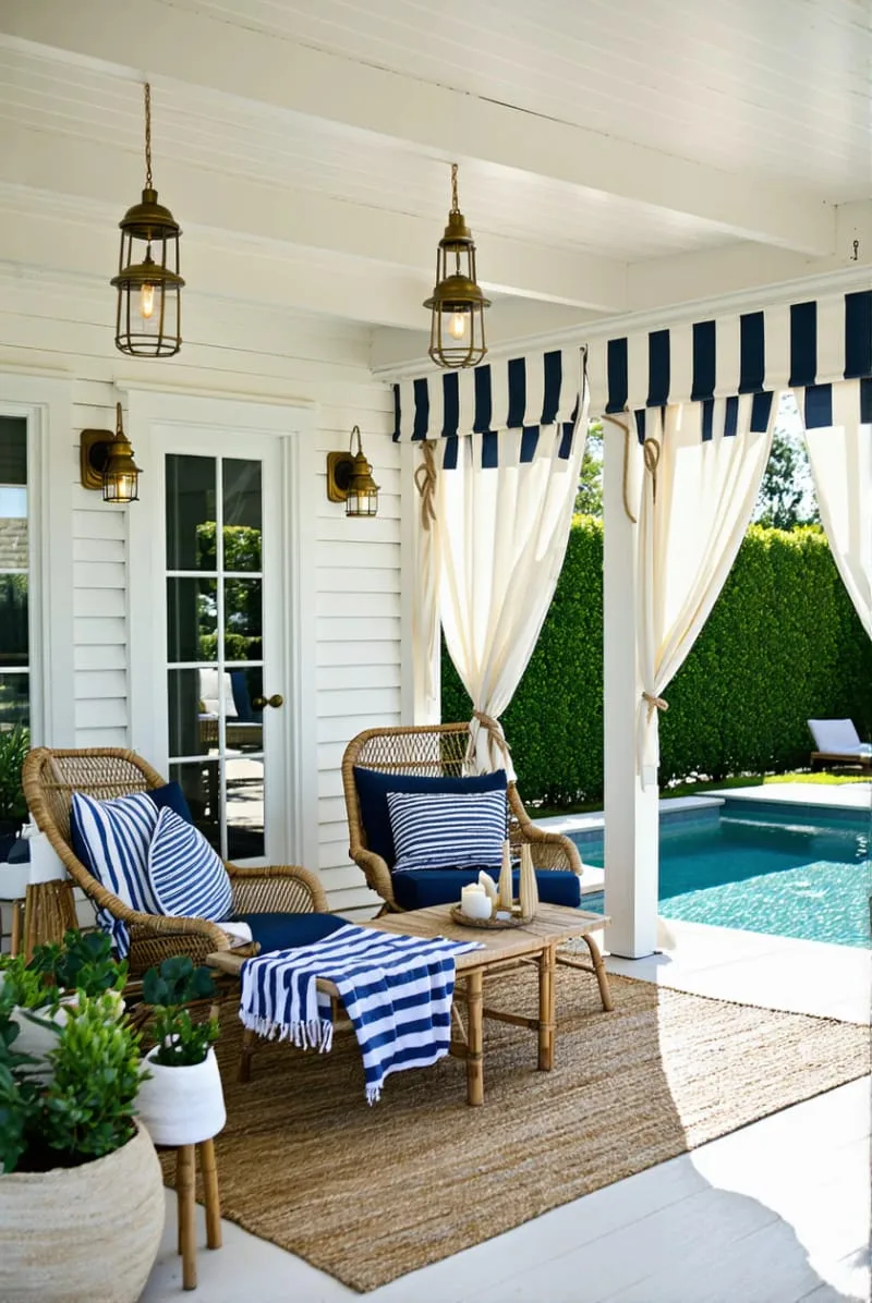 nautical-inspired cabana with navy stripes and vintage lantern lighting 1