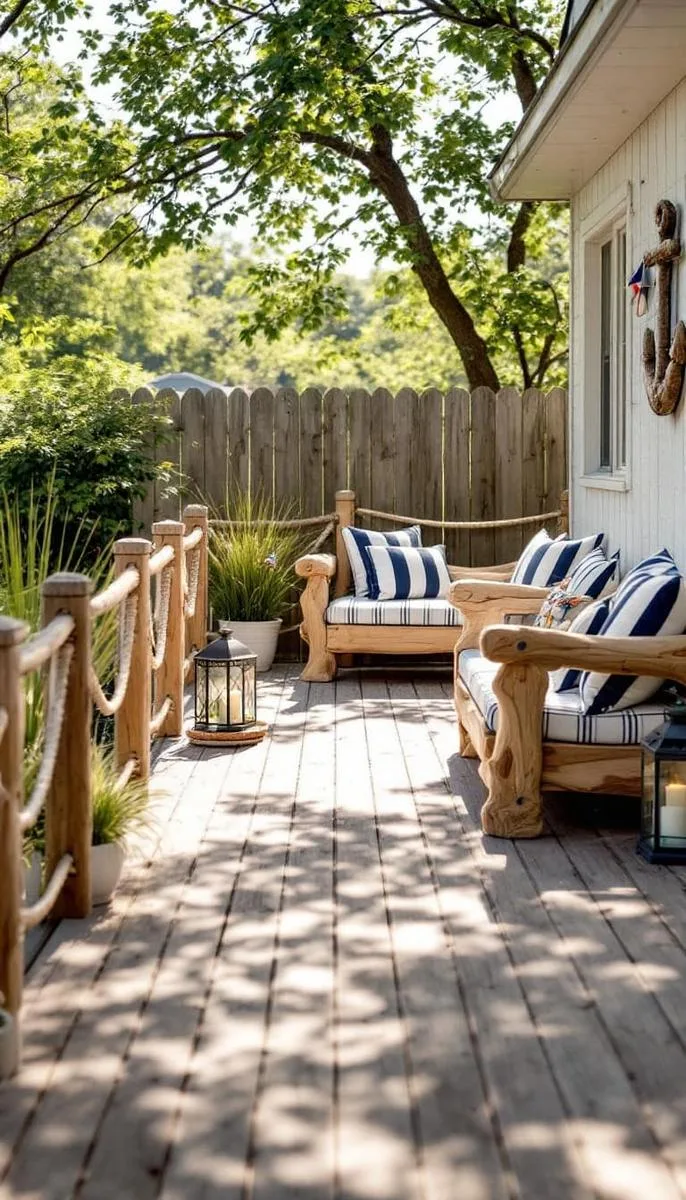 nautical theme deck featuring rope railings and driftwood benches 1