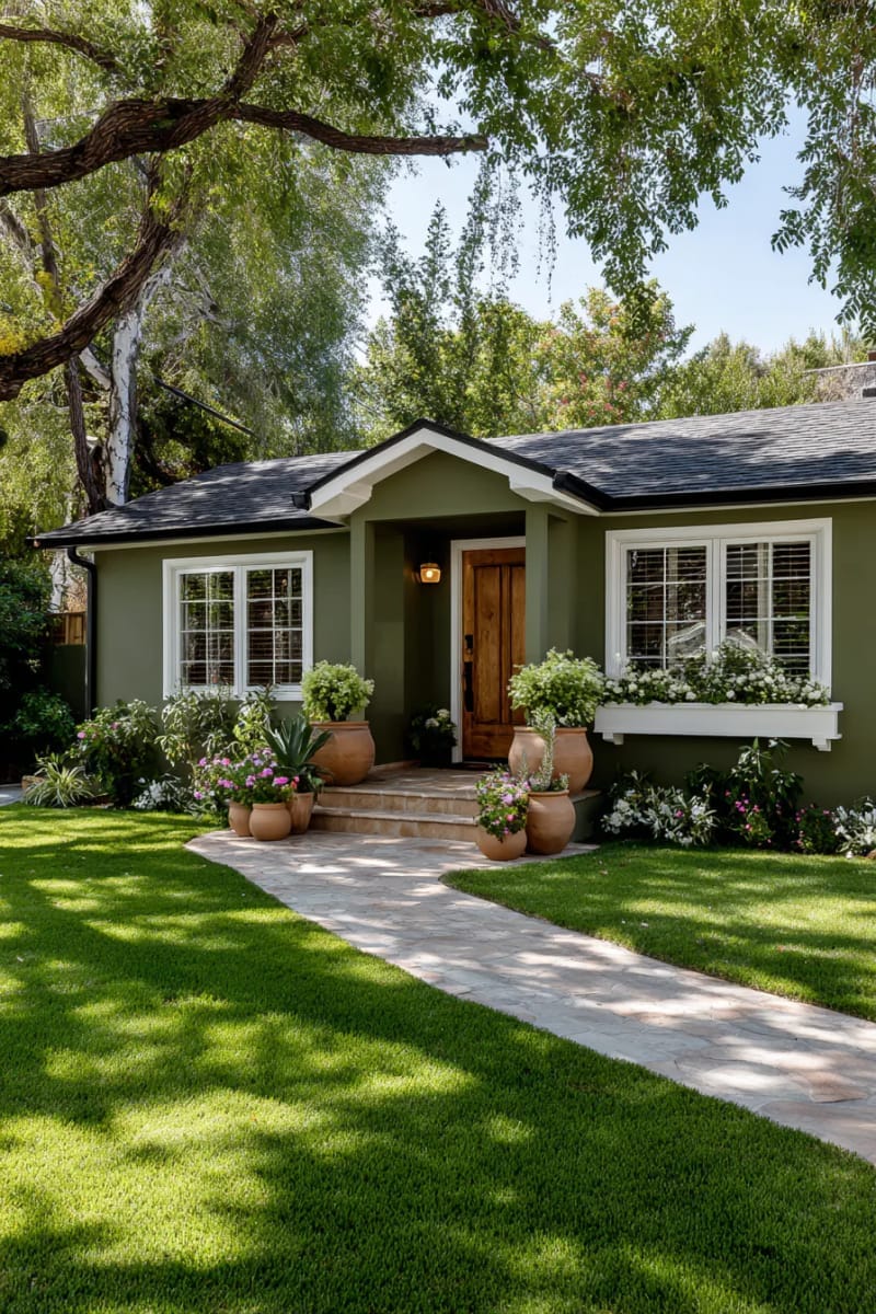 olive green ranch exterior accented with terra-cotta planters 1