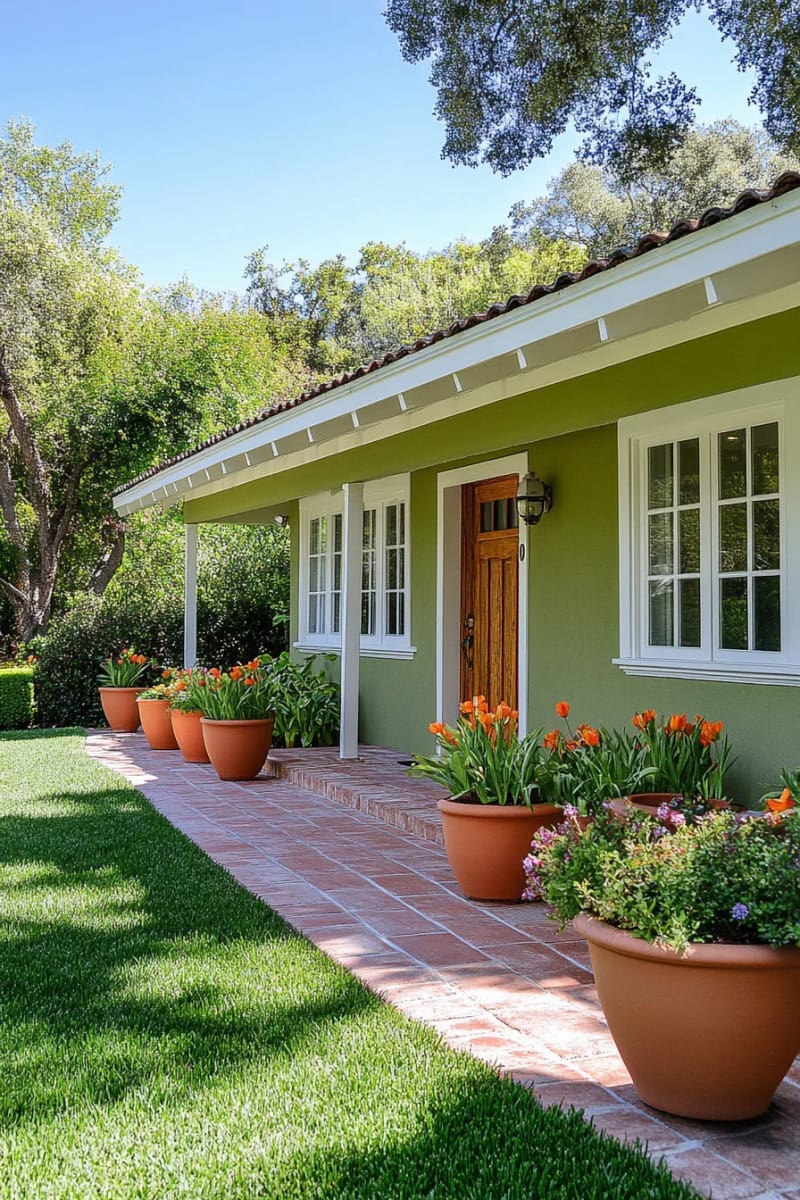 olive green ranch exterior accented with terra-cotta planters 1