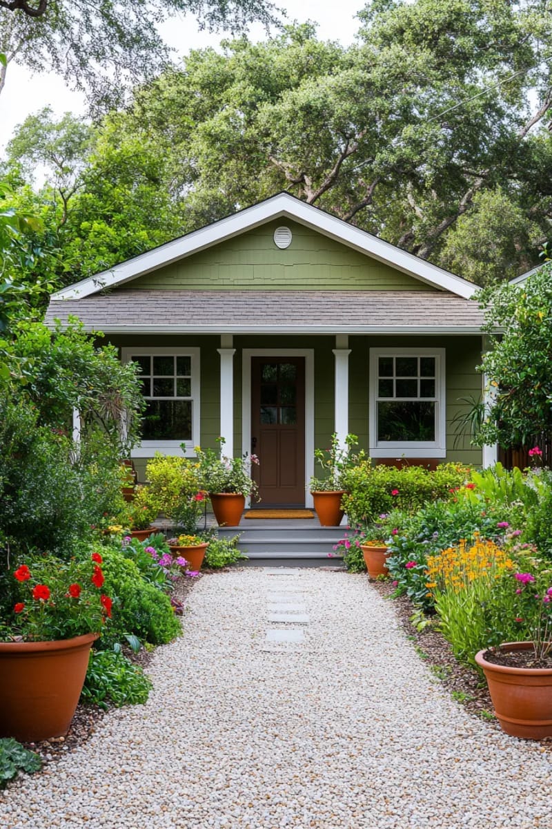 olive green ranch exterior accented with terra-cotta planters 1