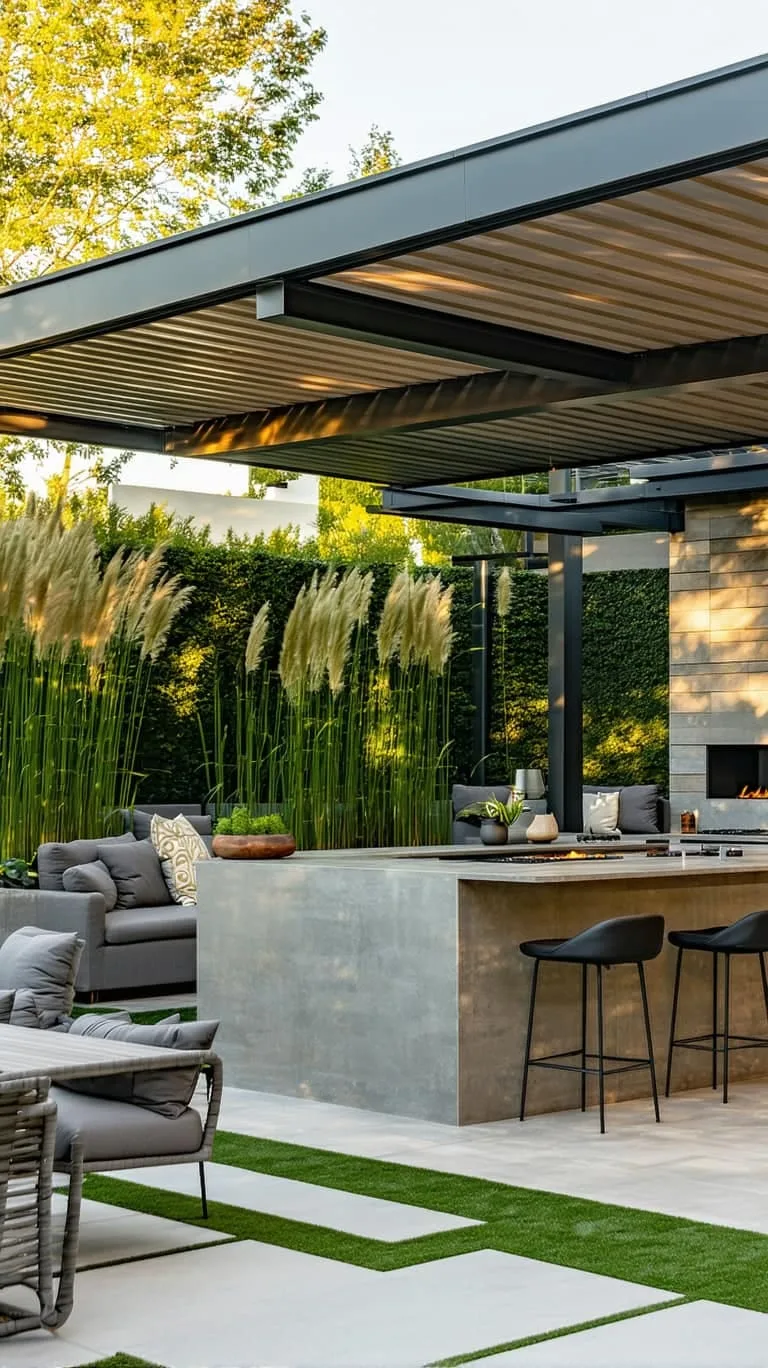 open-air kitchen island with concrete counters and sleek bar stools 1