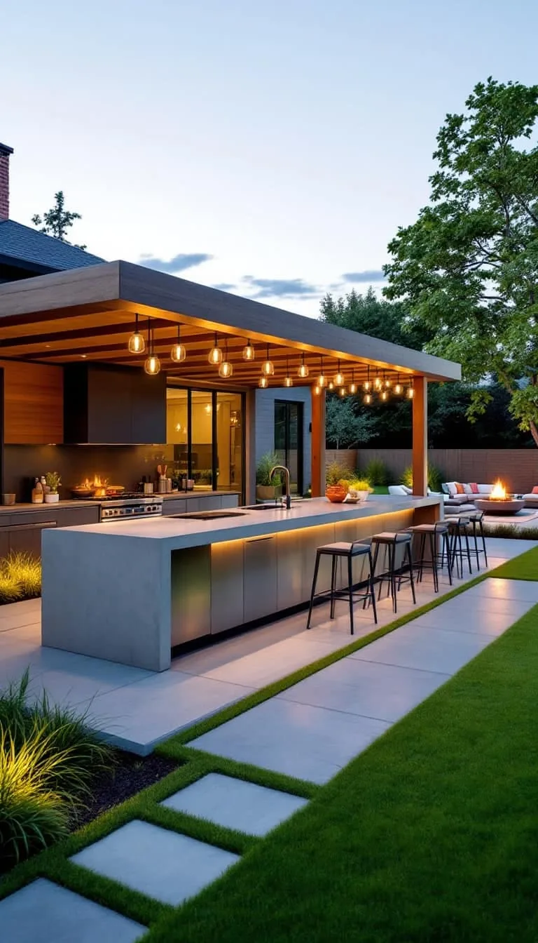 open-air kitchen island with concrete counters and sleek bar stools 1