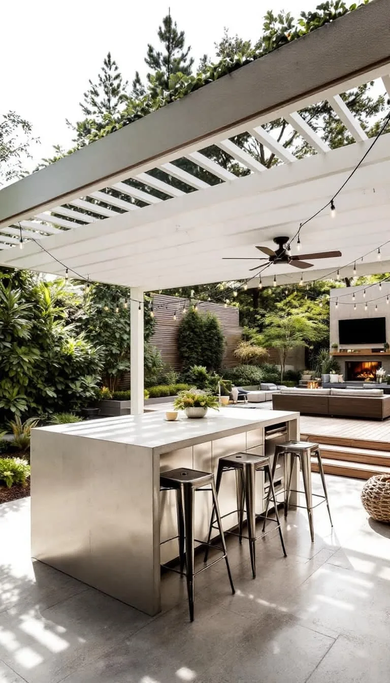 open-air kitchen island with concrete counters and sleek bar stools 1
