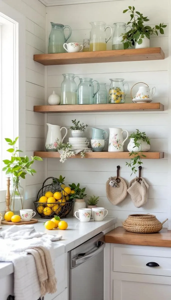 27 Dreamy Farmhouse Summer Decor Inspirations to Refresh Your Space 56 open shelving in kitchens displaying vintage lemonade pitchers and summer mugs 1
