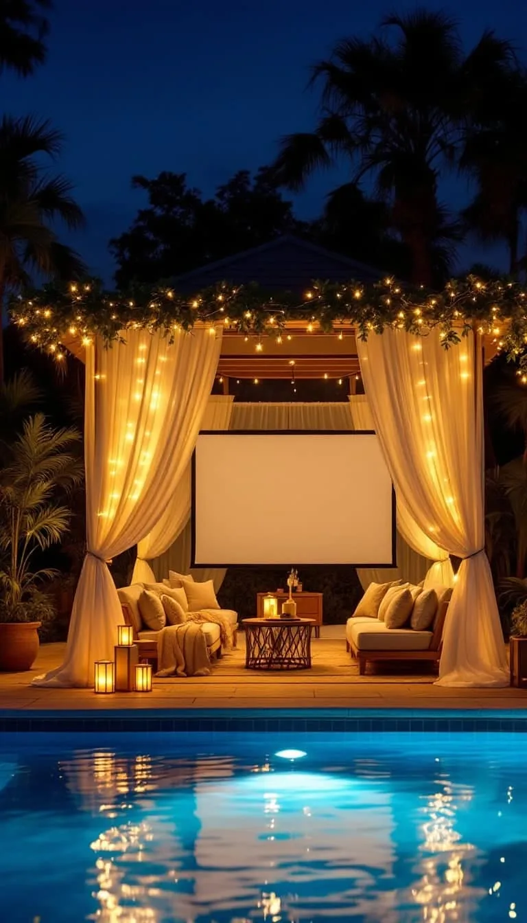 outdoor cinema cabana with twinkle lights and projector setup 1