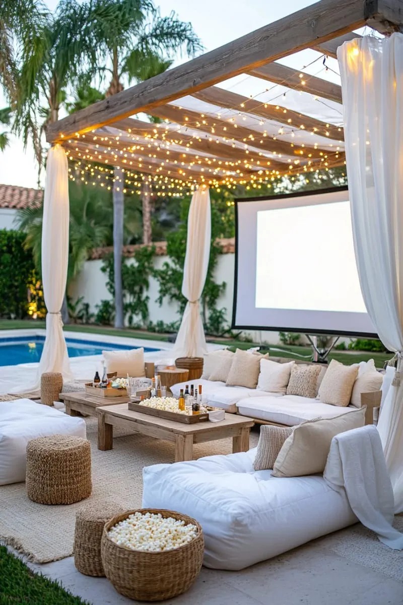 outdoor cinema cabana with twinkle lights and projector setup 1