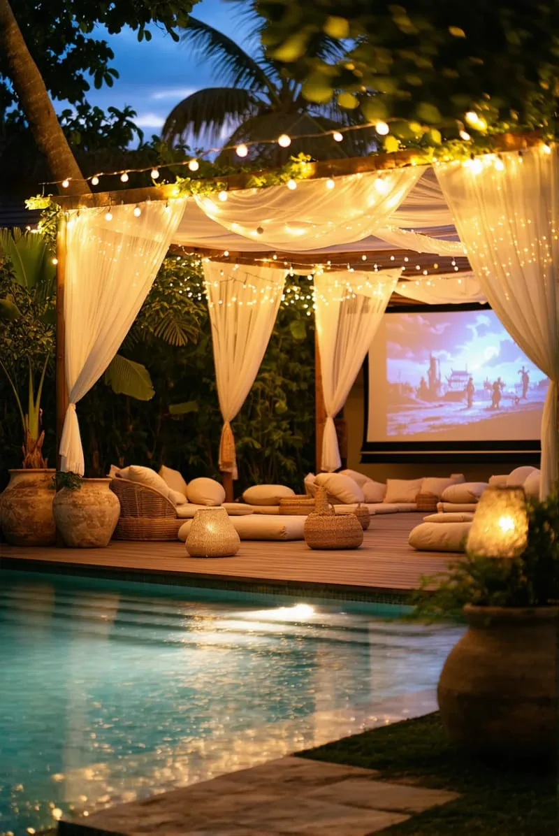outdoor cinema cabana with twinkle lights and projector setup 1
