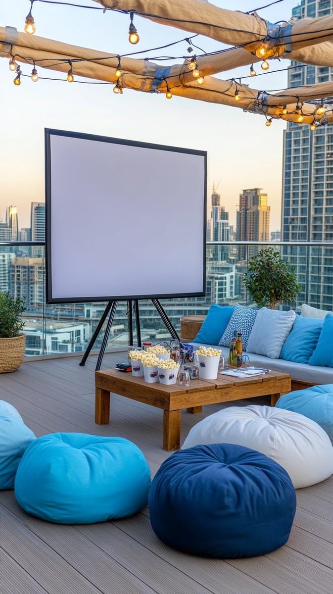 outdoor cinema terrace with retractable screen and string lights 1