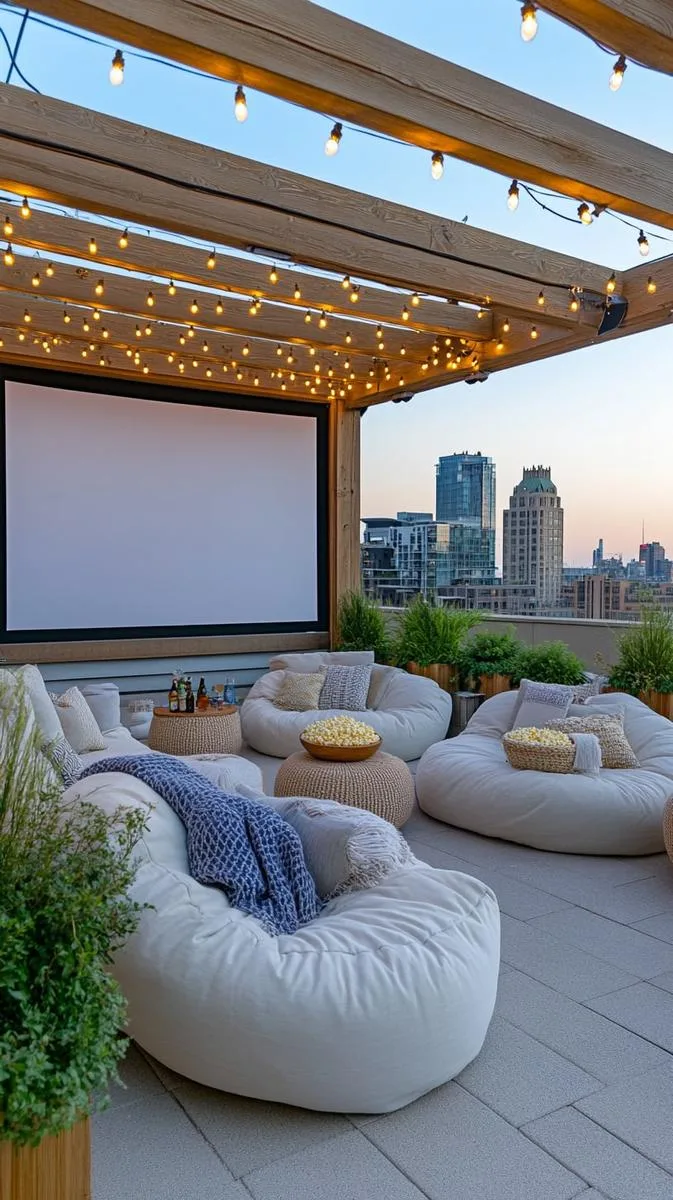 outdoor cinema terrace with retractable screen and string lights 1