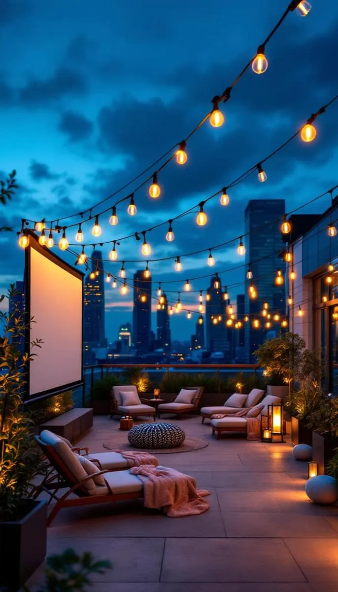 outdoor cinema terrace with retractable screen and string lights 1