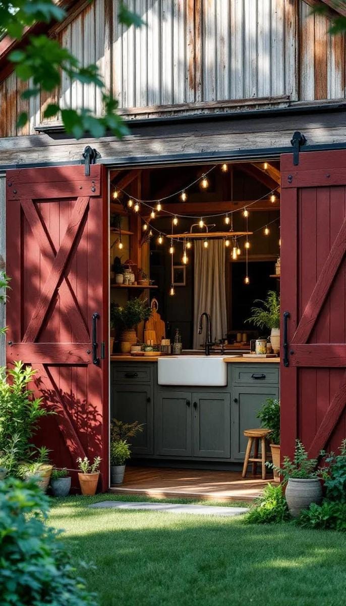 outdoor kitchen nook with barn-style dutch doors and farmhouse sink 1