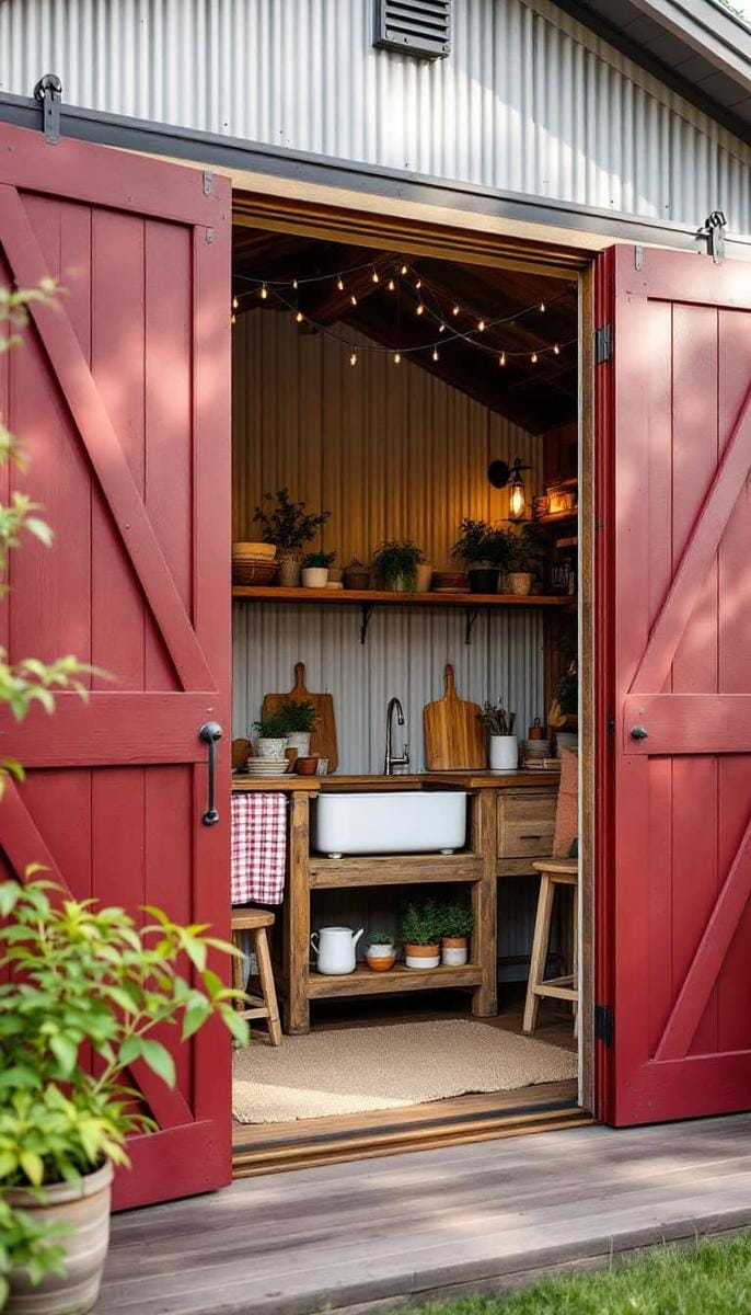 outdoor kitchen nook with barn-style dutch doors and farmhouse sink 1