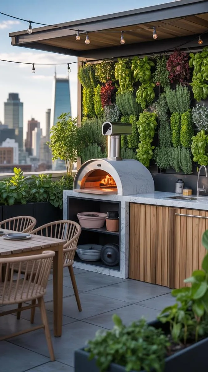outdoor kitchen terrace with pizza oven and herb wall 1