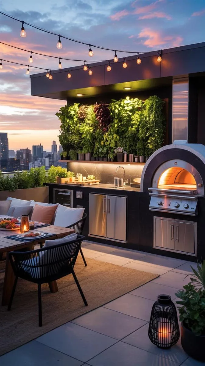 outdoor kitchen terrace with pizza oven and herb wall 1