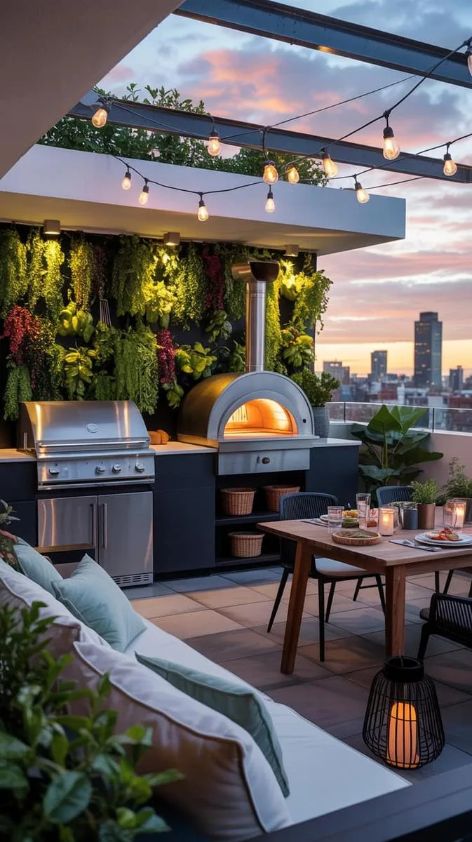 outdoor kitchen terrace with pizza oven and herb wall 1