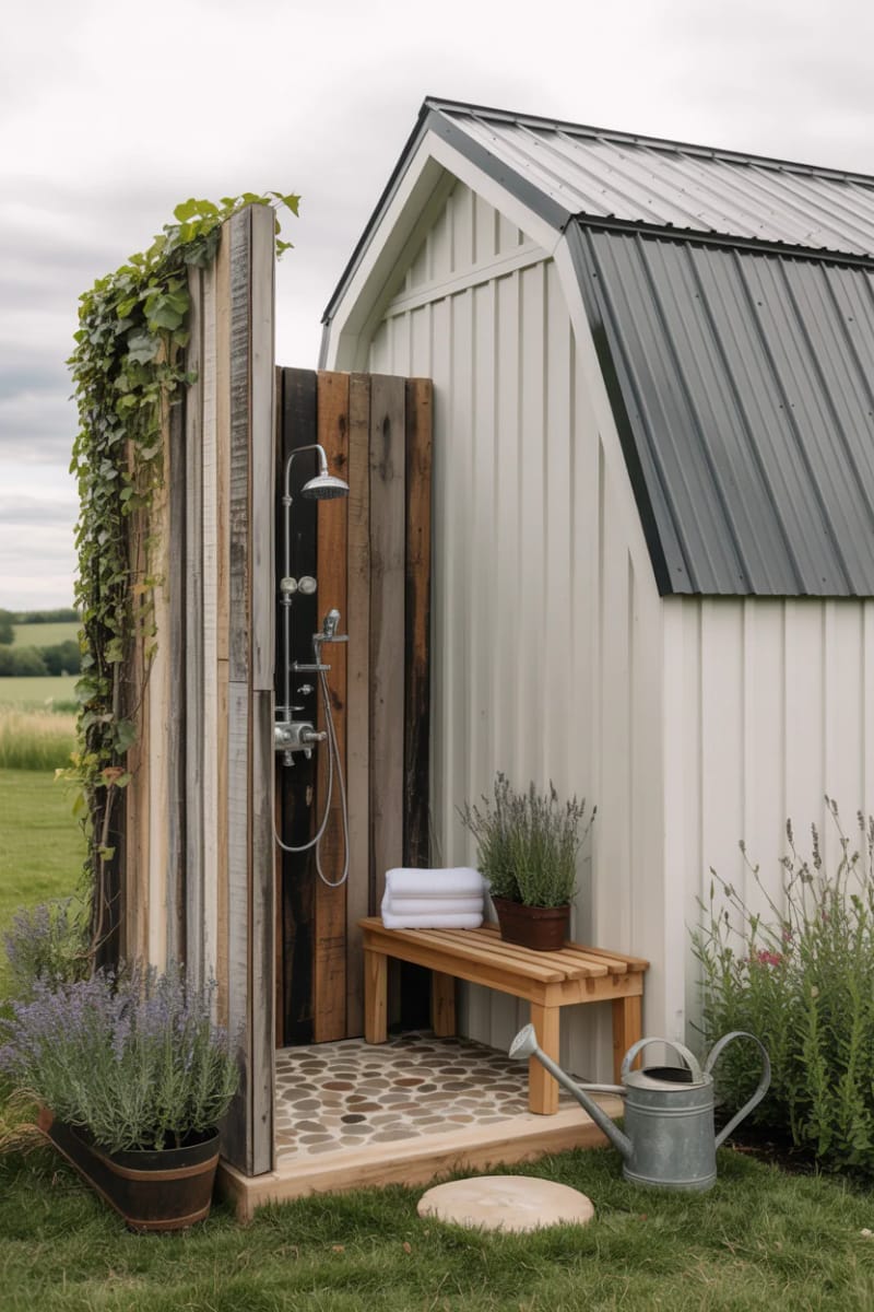 outdoor shower tucked behind a reclaimed barn wood privacy screen 1