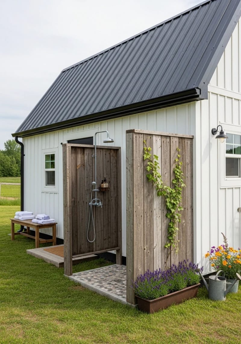 outdoor shower tucked behind a reclaimed barn wood privacy screen 1