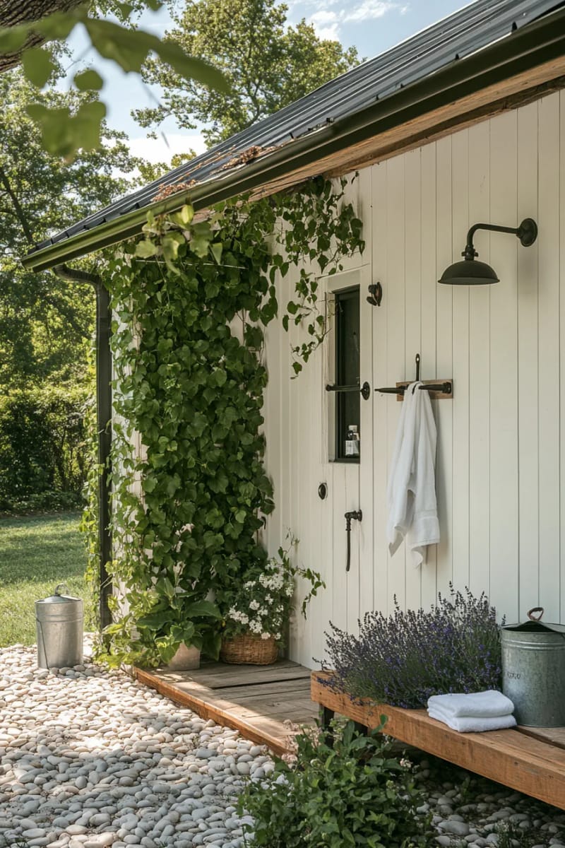 outdoor shower tucked behind a reclaimed barn wood privacy screen 1
