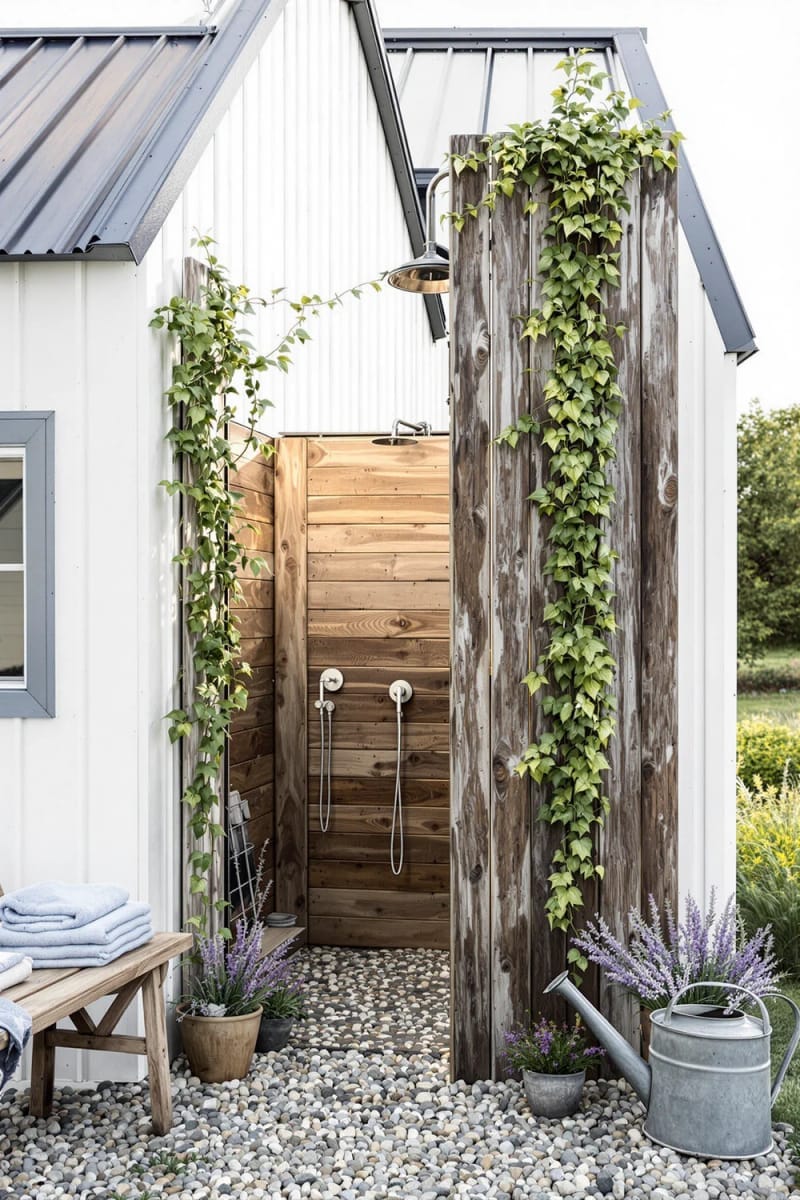 outdoor shower tucked behind a reclaimed barn wood privacy screen 1