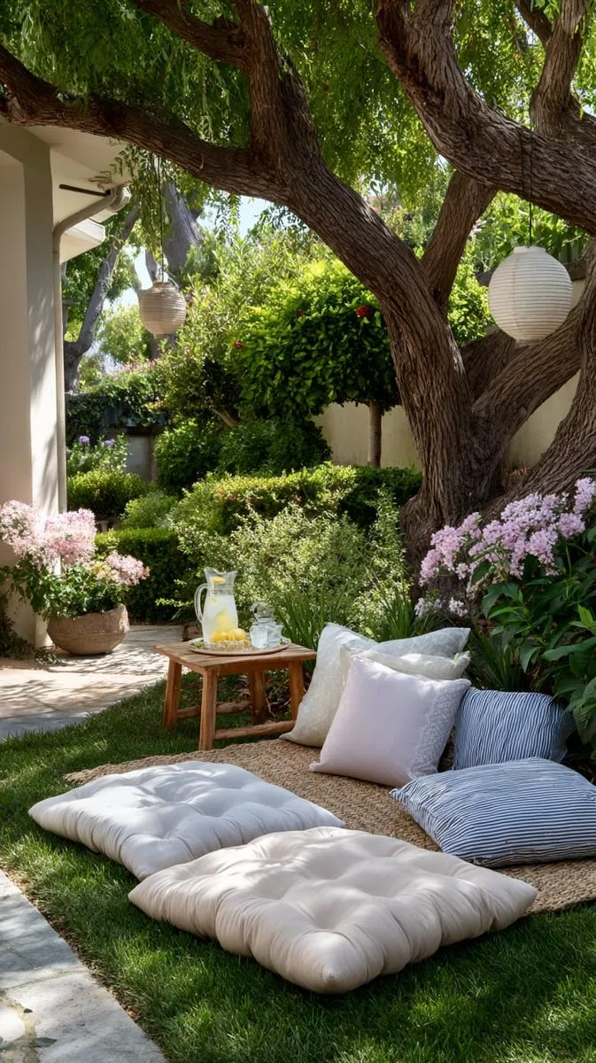 oversized floor cushions under a shade tree 1