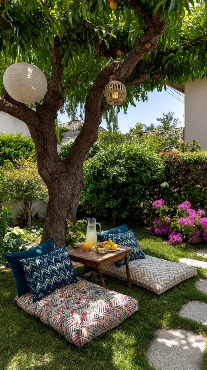 oversized floor cushions under a shade tree 1