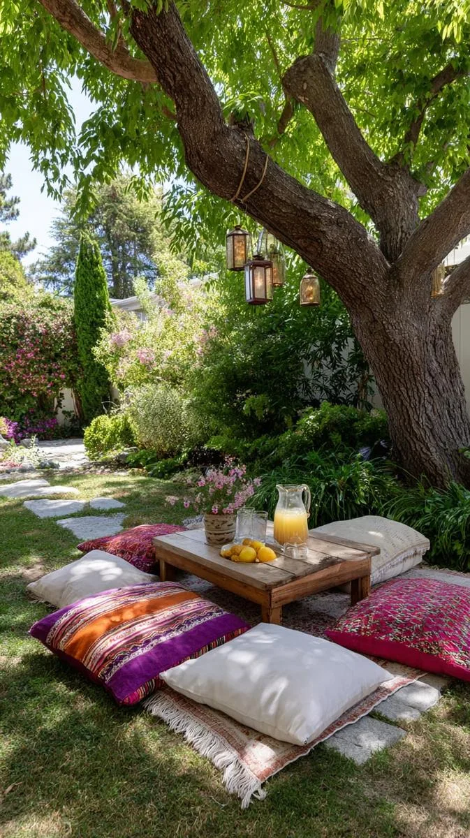 oversized floor cushions under a shade tree 1