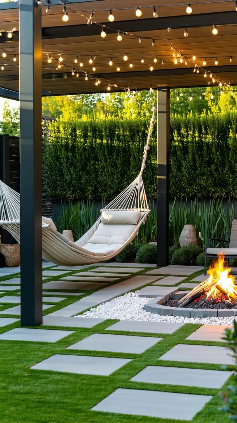 oversized hammock suspended between modern steel posts 1